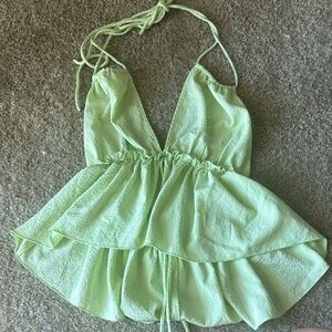 Lime Green Halter Tank Top With Ruffle Detail